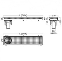 Üstte sol uçtan sifon çıkışlı paslanmaz su kanalının boylamasına teknik şeması, sağda 210 mm genişlik ve DN Ø160 mm boru bağlantı kesiti, altta ise petek ızgara desenli üstten görünüş planını ölçüleriyle sunan teknik çizimi.