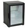 Siyah gövdeli, şeffaf cam kapılı profesyonel minibar buzdolabı. 40 cm genişliğinde, kompakt ve modern tasarımlı otel/ofis tipi içecek soğutucusu.