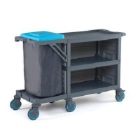 53x148x102 cm boyutlarında, 120 litre Impertex brandalı çöp bölmesine sahip, görev çizelgeli kapaklı ve tamponlu tekerlekli profesyonel kat servis ve çamaşır toplama arabası.