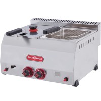 5+5 Litre çift hazneli, 5 kW elektrik gücüne sahip sanayi tipi profesyonel fritöz. 8 kg ağırlığında, 54x60,5x39 cm ebatlarında, paslanmaz gövdeli ve bağımsız kontrol edilebilir hazneli elektrikli çiftli fritöz modeli.