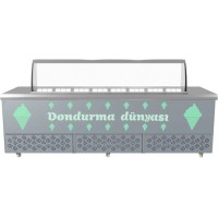 EN 16838e göre 7 L1 yüksek iklim sınıfına sahip, R404a gazlı ve 298 cm genişliğinde lüks dondurma muhafaza reyonu.