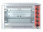 İmalatçısından 90x45x105 cm ölçülerinde, 12 tavuk kapasiteli paslanmaz çelik elektrikli dik piliç çevirme makinası görseli. Isıya dayanıklı cam kapaklı, iç aydınlatmalı ve motorlu dönme sistemine sahip profesyonel teşhir ve pişirme ünitesi fotoğrafı.