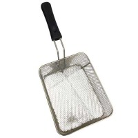 Kalaylı Tel Fritöz Süzgeci. Endüstriyel fritözlerle uyumlu, ısıya dayanıklı ve ergonomik saplı patates kızartma sepeti görseli. Paslanmaya karşı dirençli kalay kaplama yüzeye sahip profesyonel mutfak ekipmanı. özel ölçülü imalatı