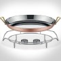 Geleneksel bakır estetiğini modern multi metal teknolojisiyle birleştiren 1.56 kg ağırlığındaki standlı oval sahan, masada kesintisiz sıcaklık sağlar. Yoğun ticari kullanıma dayanıklı, kararma yapmayan ağır hizmet tipi gurme restoran sahanını keşfedin.