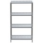 46x107x183 cm boyutlarında, 304 kalite krom çelik ayaklı ve iskeletli, üzerinde hava geçişine uygun delikli gri plastik tablalar bulunan, 4 katlı modüler endüstriyel tip istifleme rafı ve soğuk oda depolama ünitesi.