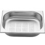 GN 1/2 100 mm ölçülerinde, paslanmaz çelikten imal edilmiş profesyonel gastronom sebze yıkama ve saklama küveti. 325x265 mm dış ölçüye ve 10 cm derinliğe sahip, pürüzsüz yüzeyli, darbelere dayanıklı sanayi tipi orijinal mutfak küveti modeli.