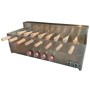 90x40x40 cm boyutlarında gazlı makara tatlısı pişirme ocağı, 4 radyanlı sistem, 8 adet konik ahşap merdaneli Trdelnik ve Chimney Cake yapma makinesi, paslanmaz çelik endüstriyel tatlı ocağı.