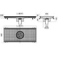 Mezbaha ve gıda tesislerine özel 400x1805x145 mm paslanmaz çelik su tahliye ızgarası; tavalı tasarımı, kokuyu önleyen sifon düzeni ve eğimli alt çıkışıyla zemin suyunu hızla tahliye eder. Paslanmaz krom kalitesiyle hijyenik ve uzun ömürlü drenaj çözümü.