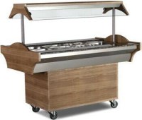 Ahşap kaplamalı dekoratif orta tip elektrikli benmari. 1180x890x870/1370 mm ölçülerinde, çift taraflı tepsi kaydırma raflı, gastronom havuzlu endüstriyel yemek servis tezgahı. Lokanta ve otel kullanımına uygun, şık tasarımlı sıcak yemek ünitesi.