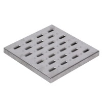 177x177 mm paslanmaz çelik oval delikli yer süzgeci ızgarası. Profesyonel mutfak ve bulaşıhaneler için uygun, korozyona dirençli, hijyenik ve modern tasarımlı sanayi tipi kare yer gideri ızgarası görseli.