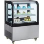 915x675x1275 mm ölçülerinde, 2 katlı cam raflı ve LED aydınlatmalı siyah pasta buzdolabı. Paslanmaz çelik tabanlı, modern tasarımlı, 230V enerji ile çalışan profesyonel pastane ve kafe tipi pasta teşhir vitrini.
