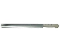35 cm uzunluğunda, bir kenarı dişli özel yapıya sahip parlak paslanmaz çelik pasta bıçağı. Siyah renkli, ergonomik ABS sap tasarımı ile pasta kesme, krema yayma ve süsleme işlemlerine uygun profesyonel pastane tipi krema bıçağı ve spatula.