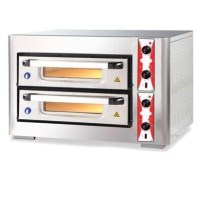 Çift katlı, her katında 4 adet 30 cm pizza pişirebilen, iç aydınlatmalı ve ısıya dayanıklı taş yüzeyli endüstriyel elektrikli pizza fırını.