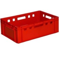 Entegre et tesisleri için tasarlanmış, et sularının göllenmesini önleyen içe doğru bombeli taban yapısına sahip, şoklama tünellerine uygun RAL 3020 kırmızı renkli %100 birinci kalite PP endüstriyel et kasası.