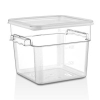 7,6 litrelik polikarbon gıda saklama kabı; 22x22x23 cm ölçülerindedir ve iki yanında taşıma kulpları bulunur. Gıda ile temasa uygundur. Restoran, otel, kafe ve catering mutfaklarında gıdaların düzenli şekilde saklanması için kullanılabilir.