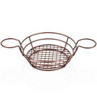 Rustik bakır renkli, yuvarlak formda, çelik tel gövdeli ve kulplu patates kızartması sunum sepeti. 17x6 cm ölçülerinde, profesyonel sunumlar için uygun, estetik ve dayanıklı servis ekipmanı.