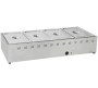 HMK-BSÜE 4 model, 135 cm uzunluğunda paslanmaz çelik set üstü yemek servis tezgahı (benmari). 3+1 adet GN 1/1 gastronom küvetli, sulu sistem ısıtma özellikli, termostat düğmeli endüstriyel yemek ısıtıcı ünitesi. Profesyonel mutfak ve catering ekipmanı.