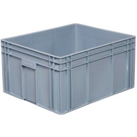 Gri renkte, tekstil ürünleri için kapalı endüstriyel plastik kasa.