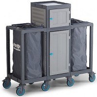 İmalatçısından otel ve hastaneler için üretilmiş 2 adet dolaplı, 2x120 litre çift çöp torbalı, frenli ve sessiz tekerleklere sahip gri renkli profesyonel PROCART 414 kat hizmetleri çamaşır ve çarşaf toplama arabası.