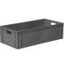 SLC8422 referanslı uzun malzeme kasası. Gri renkli, yanları ve altı kapalı, sapı açık endüstriyel plastik taşıma kutusu. 40x80x23 cm ölçülerinde istiflenebilir YYPE ham maddeli malzeme taşıma depolama istifleme kasası görseli.