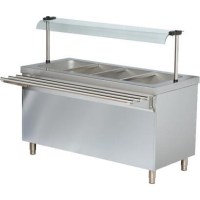 Paslanmaz çelikten imal edilmiş, üstü camlı servis raflı, ön standlı, GN 4/1 hazneli ve altı fanlı sıcak dolaplı elektrikli lokanta tipi yemek servis tezgahı.