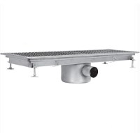 20x95 cm boyutlarında, alttan çıkışlı ve kenardan sifonlu paslanmaz krom çelik endüstriyel mutfak yer süzgeci. Bulaşıkhane ve yemekhaneler için koku önleyici, kolay temizlenebilir ve dayanıklı zemin drenaj ızgarası kanalı süzgeci modeli.