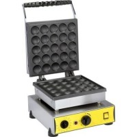 Paslanmaz çelik kasalı, 25'li yuvarlak bubble waffle pişirme makinesi. 2000 Watt gücünde, teflon kaplamalı döküm plakalı, otomatik termostatlı ve 30x35x24,5 cm ölçülerinde, kafe ve restoranlar için üretilmiş sanayi tipi profesyonel waffle makinesi.