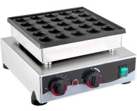 25 adet yuvarlak baloncuğa sahip teflon kaplamalı döküm plakalı, paslanmaz çelik gövdeli profesyonel bubble waffle makinesi. 300x350x180 mm ölçülerinde, ahşap tutma saplı ve termostat kontrollü sanayi tipi elektrikli yuvarlak waffle pişirme cihazı.