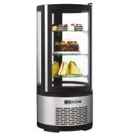Yuvarlak Camlı Pasta Teşhir Dolabı: 48x48x103 cm ölçülerinde, 100 Litre hacimli, 3 katlı, LED ışıklı ve çift camlı profesyonel pasta soğutma ve sergileme ünitesi. #TatlıDolabı #KafeteryaEkipmanları