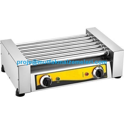 60x40x18 cm boyutlarında paslanmaz çelik roller sosis pişirme makinesi, dönerli pişirme borularına sahip 1500 Watt elektrikli sanayi tipi büfe sosis pişiricisi.