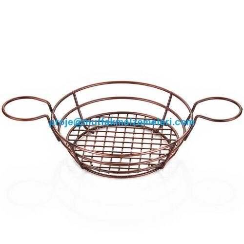 Rustik bakır renkli, yuvarlak formda, çelik tel gövdeli ve kulplu patates kızartması sunum sepeti. 17x6 cm ölçülerinde, profesyonel sunumlar için uygun, estetik ve dayanıklı servis ekipmanı.