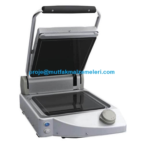 331x458x176 mm boyutlarında düz cam seramik yüzeyli profesyonel tost makinesi; kızılötesi teknolojili, 1,5 kW güç ve 400°C ısı kapasiteli, paslanmaz gövdeli modern tost makinesi görseli. Hijyenik ve yapışmaz seramik yüzeyli sanayi tipi pişirme ekipmanı.