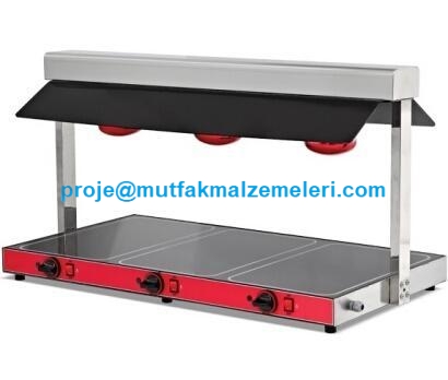 1040x570 mm ölçülerinde, halojen lambalı ısıtma sistemine sahip paslanmaz gövdeli sıcak teşhir ünitesi. Üst kısmında koruyucu pleksiglas raf bulunan, 3 adet GN 1/1 küvet kapasiteli profesyonel mutfak tipi sıcak servis ünitesi. #SıcakTeşhir