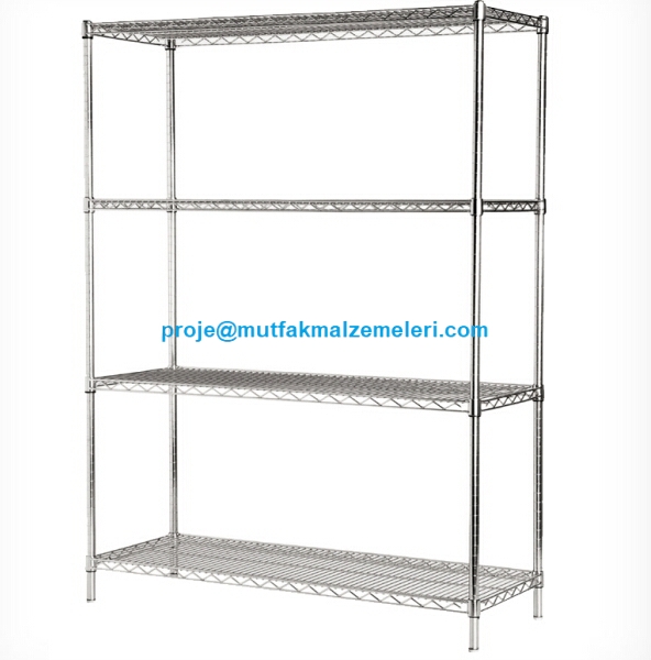53x152x183 cm ölçülerinde, 304 kalite paslanmaz çelik bölmeli, ayarlanabilir rotil ayaklı, 4 katlı profesyonel buzhane ve soğuk oda istif rafı ünitesi.