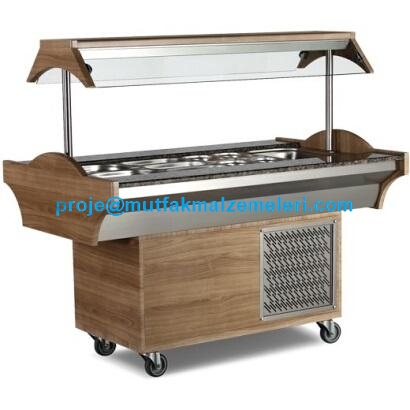 1500x890x870 mm ölçülerinde, dekoratif ahşap gövdeli soğutmalı salata bar. Üstten aydınlatmalı, paslanmaz çelik havuzlu, 4 adet gastronomi küvet kapasiteli ve tekerlekli endüstriyel meze teşhir ünitesi. R-134 A gazlı profesyonel soğutucu tezgah.