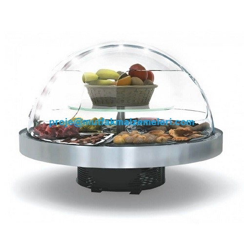 Kaliteli malzemelerle üretilen 50 kg net ağırlığa sahip soğuk büfe aperatif teşhir standı, 230 V enerjiyle çalışır. 950x950x750 mm ölçülerindeki yuvarlak ve göz alıcı tasarımıyla otel, restoran ve kafelerde kusursuz bir görsel sunum deneyimi sağlar.