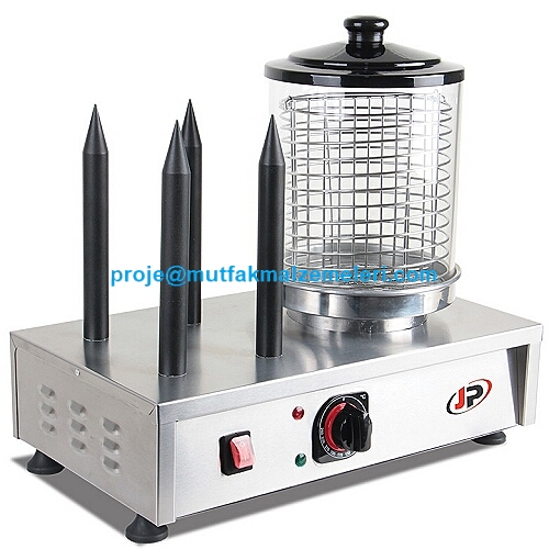 Paslanmaz çelik haşlama haznesi ve 4 adet ekmek ısıtma şişi. 300x480x445 mm ölçülerinde, ayarlanabilir termostatlı ve 220V elektrikli büfe tipi sosis makinesi.