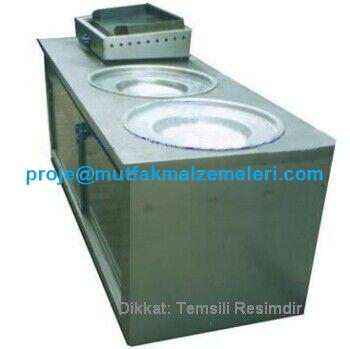 130x65x85 cm boyutlarında, çift ocaklı ve alt dolaplı paslanmaz tantuni tezgahı. 58 cm çapında dövme alüminyum tavaları ve bağımsız gaz vanaları ile tüplü kullanıma uygun, 430 kalite parlak paslanmaz profesyonel tantuni pişirme ocağı modeli.