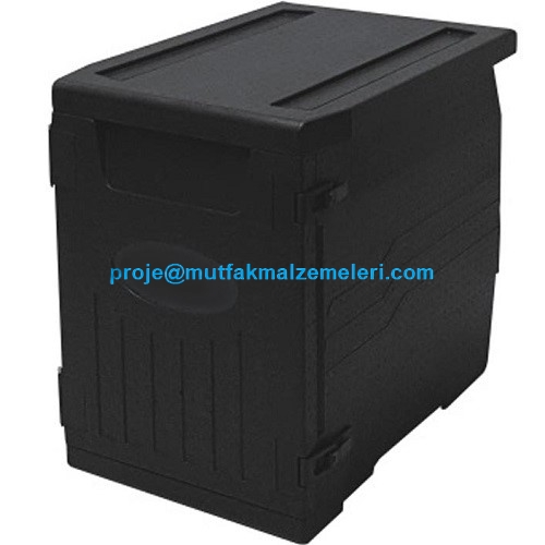 645x440x630 mm ölçülerinde, siyah yüksek yoğunluklu EPP malzemeden üretilmiş önden yüklemeli thermobox. İstiflenebilir yapısı, kilitli kapak mekanizması ve gastronom küvet rayları ile profesyonel yemek transferine uygun yalıtımlı kutu.