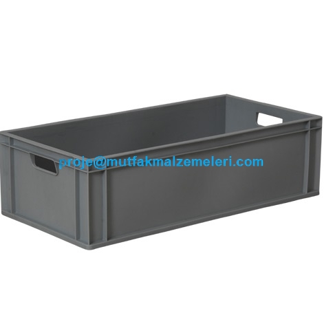 SLC8422 referanslı uzun malzeme kasası. Gri renkli, yanları ve altı kapalı, sapı açık endüstriyel plastik taşıma kutusu. 40x80x23 cm ölçülerinde istiflenebilir YYPE ham maddeli malzeme taşıma depolama istifleme kasası görseli.