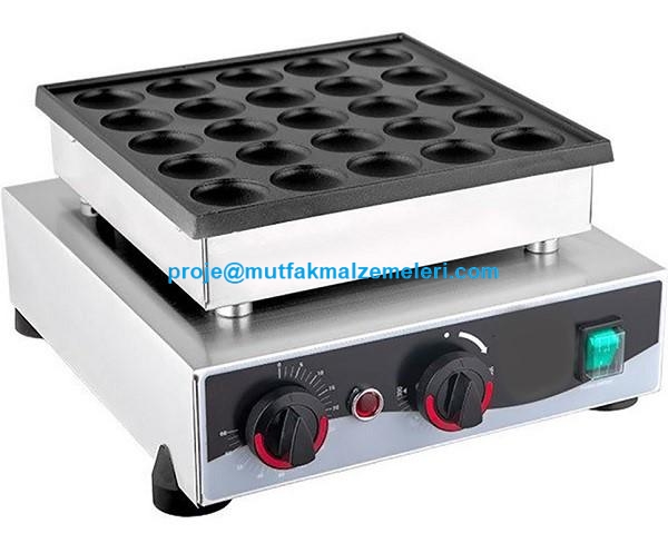 25 adet yuvarlak baloncuğa sahip teflon kaplamalı döküm plakalı, paslanmaz çelik gövdeli profesyonel bubble waffle makinesi. 300x350x180 mm ölçülerinde, ahşap tutma saplı ve termostat kontrollü sanayi tipi elektrikli yuvarlak waffle pişirme cihazı.